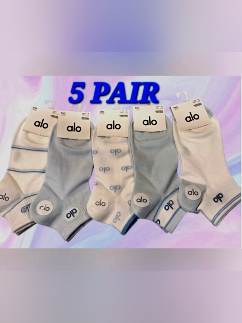 Alo Womens Logo Ankle Socks Small BNWT 5 Pair Blue & White